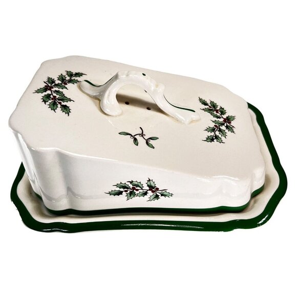 Vtg Spode Christmas Tree Covered Scalloped Dish Plate Cheese Wedge Lid Green - Picture 2 of 9